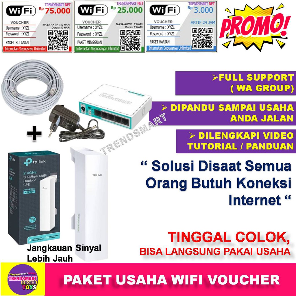 PAKET USAHA WIFI VOUCHER VOCER HOTSPOT INTERNET GSM RT RW NET LENGKAP MIKROTIK RB750GR3 PLUS CPE 220