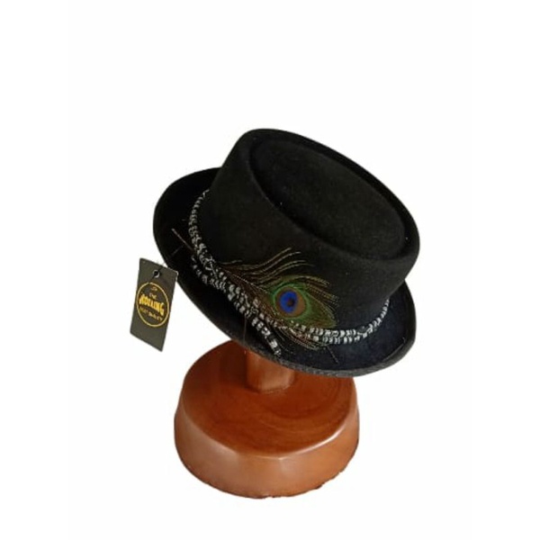topi laken porkpie black bulu merak