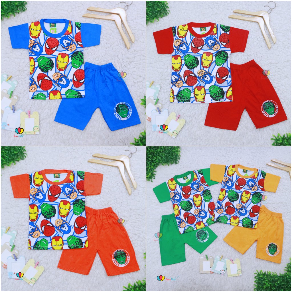 Setelan Pendek SuperHero Uk 9-10 Tahun / Kaos Anak Laki Celana Pendek Cowok Karakter Baju Murah