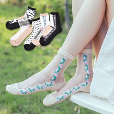 KKT 11-18 Kaos Kaki Korea Transparan Kekinian Motif Bunga Polkadot Balerina