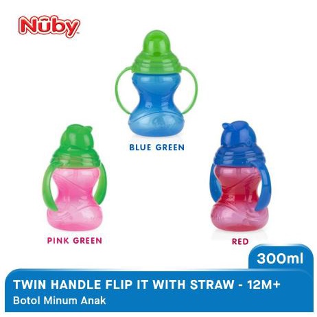 NUBY Kids Twin Handle Flipit With Straw 300ml - Botol Minum Anak dengan Sedotan Anti Tumpah - BPA FREE