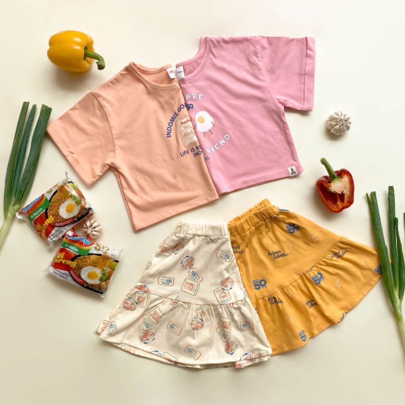 BOHOPANNA X INDOMIE CROP TOP / EMILY SKIRT BAJU ATASAN ANAK PEREMPUAN ROK PENDEK ANAK FASHION ANAK PEREMPUAN 5 - 12 TAHUN