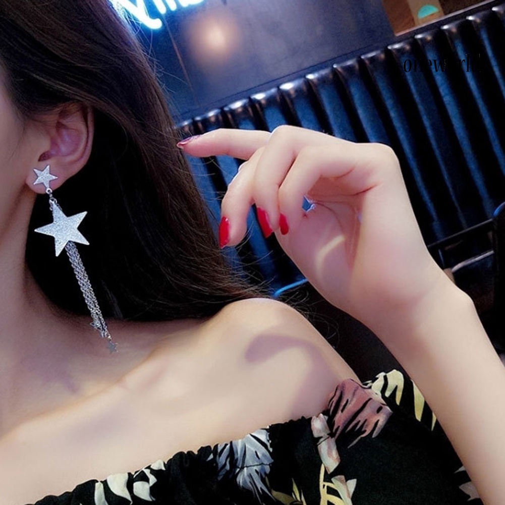 OW@ Women Five-Pointed Star Long Tassel Dangle Stud Earrings Piercing Jewelry Gift