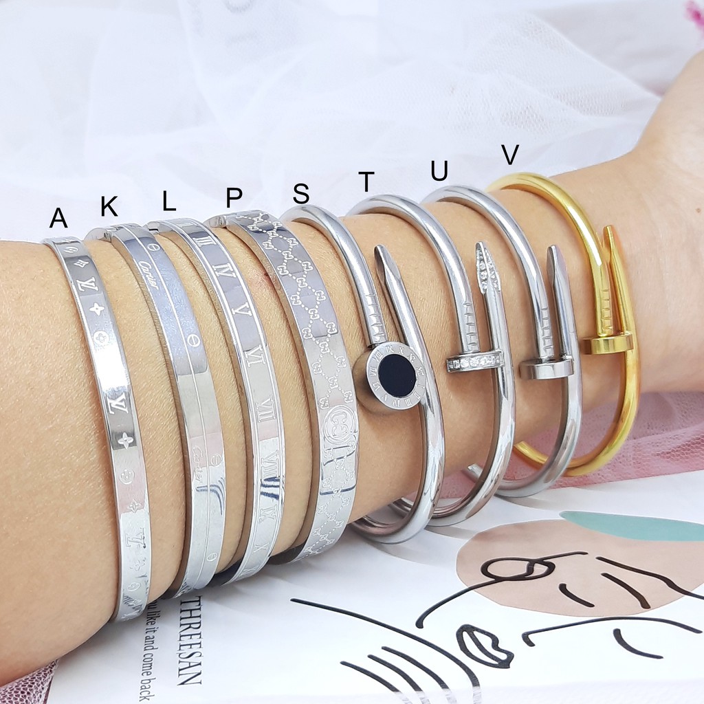 Gelang Bangle Titanium Silver Gold Polos Paku Keroncong Mata Putih - BB388