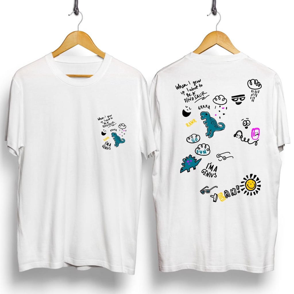 BKD 316 DINO DEPAN BELAKANG PUTIH KAOS DISTRO KAOS PRIA TSHIRT PRIA KAOS KATUN KAOS ANIME