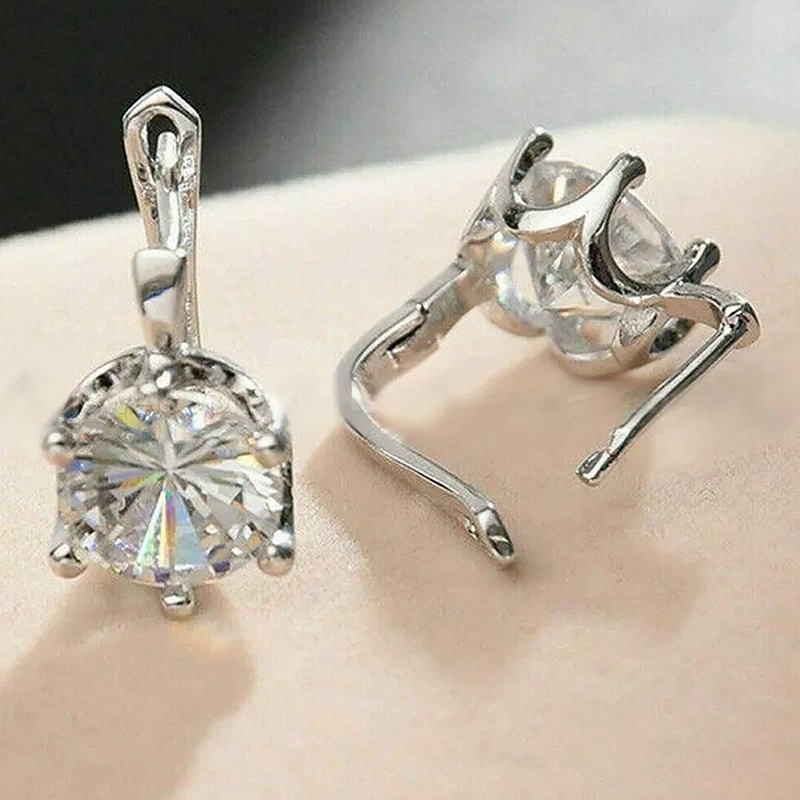 Anting Hoop Cubic Zirconia Bentuk Bulat Warna Silver Untuk Wanita