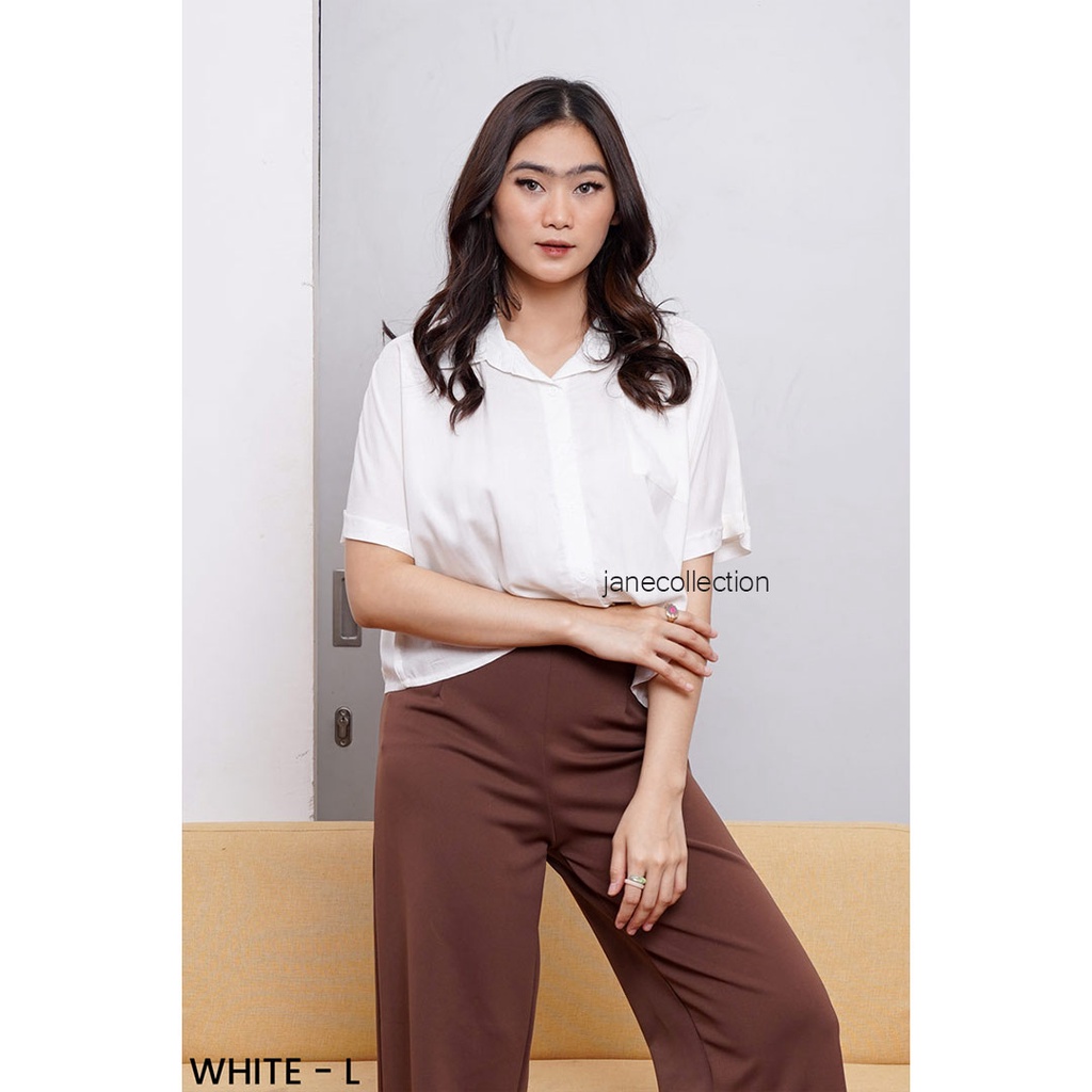 JANE COLLECTION || Kemeja Kerja Wanita Kancing Lengan Pendek M L XL XXL Ukuran Jumbo Oversize Crop Top Katun Rayon - Basic Crop Shirt