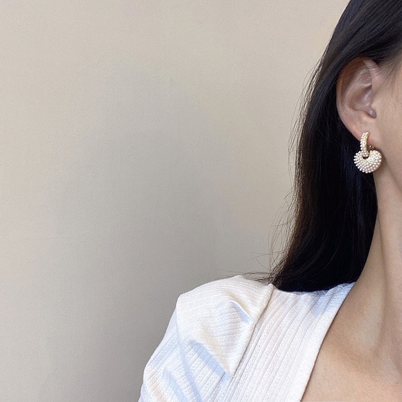 Anting Stud S925 silver needle Hias Liontin Hati Mutiara