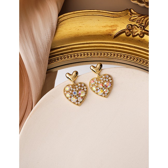 LRC Anting Tusuk Fashion Gold Color Diamond Pearl Love Heart Alloy Hollow P48289