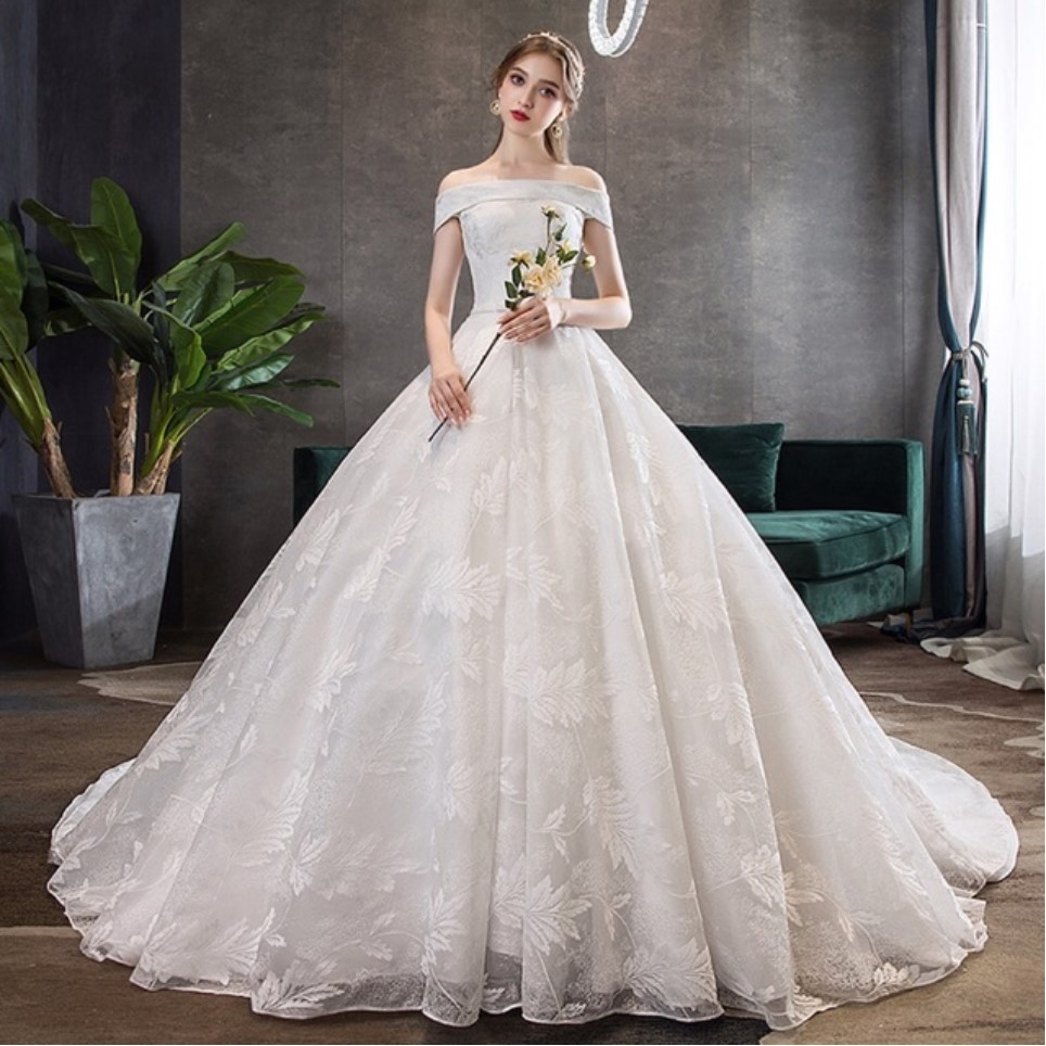 gaun pengantin Gaun Pesta Pernikahan Besar putih Elegan Off Shoulder Organza Gaun Ekor Panjang