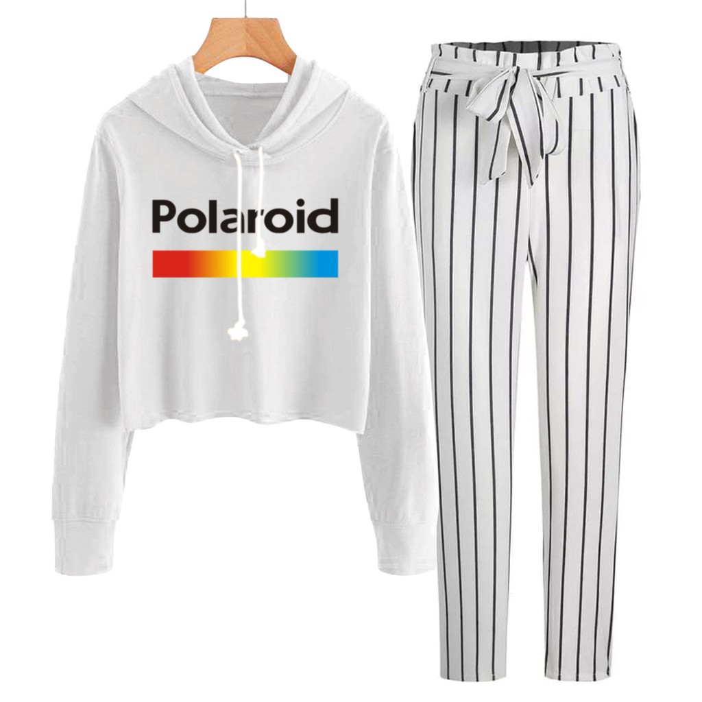 BESS - Baju Setelan Wanita Murah / Setelan Hoodie Crop + Celana Salur Putih - POLAROID