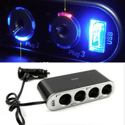 ON/OFF Mode 4 Extension Pemantik Rokok Colokan Socket 12V/24V Car Cigarette Lighter USB Power