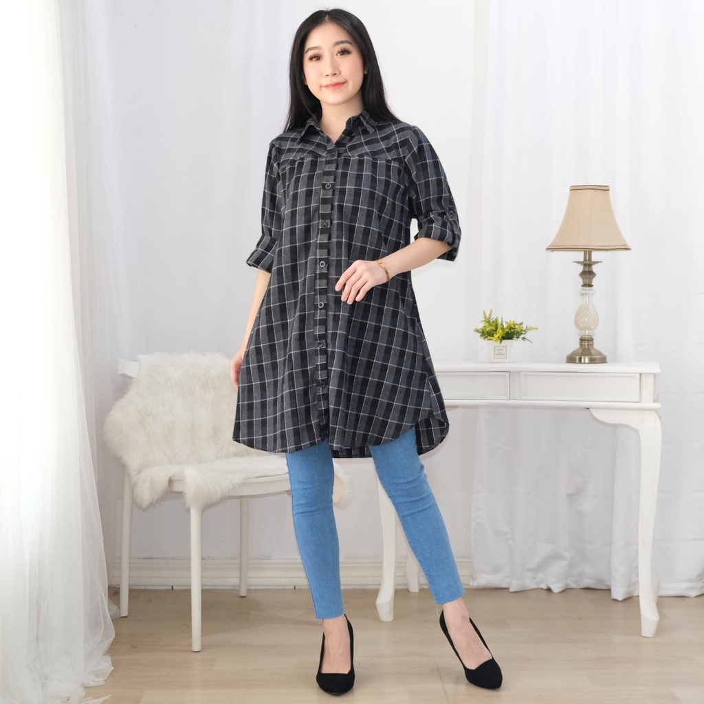 Clachella Baju Tunik Kemeja Motif Kotak-kotak, Baju Atasan Wanita T99C8021B