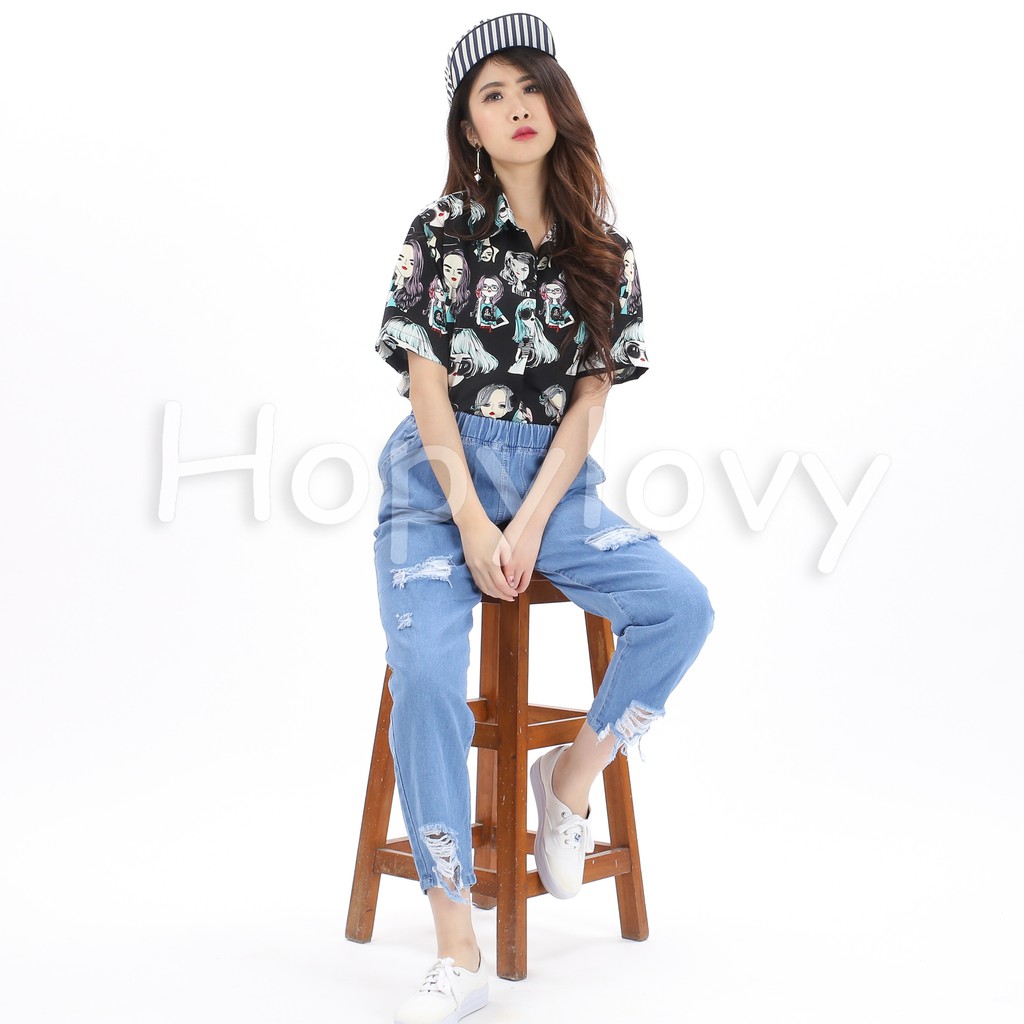 HOPYLOVY - Celana Boyfriend Jeans Wanita Pinggang Karet Sobek Ripped BF Charlie