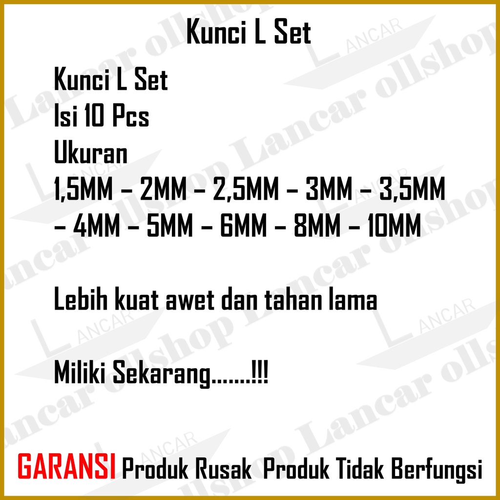 Kunci L Pendek / Kunci L bintang / Kunci L kecil 1 set isi 10 Pcs