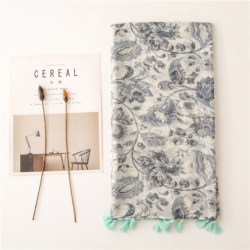 ITSFRIDAY 052223 Premium Scarf Selendang Pashmina Syal Shawl Pasmina Hijab Import Motif Flower Clasic Cream Mint Tassel-3