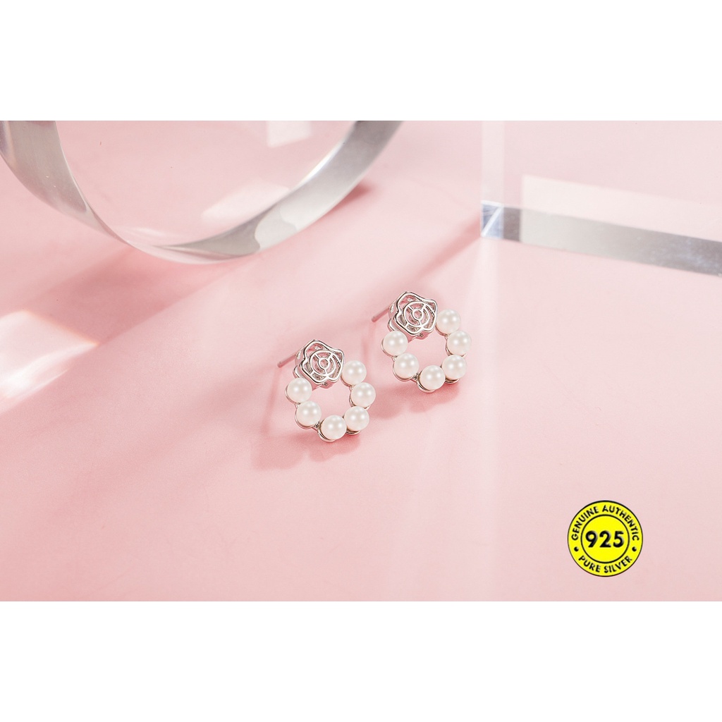 Anting Tusuk Sterling Silver 925 Model Bunga Mawar Dengan Mutiara Untuk Wanita U929