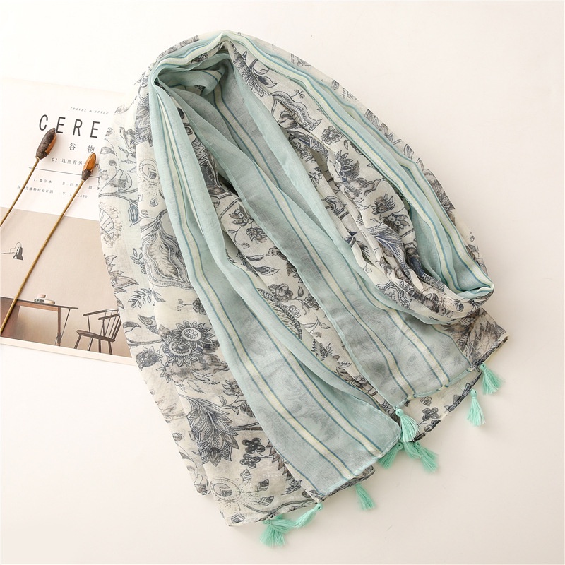 ITSFRIDAY 052223 Premium Scarf Selendang Pashmina Syal Shawl Pasmina Hijab Import Motif Flower Clasic Cream Mint Tassel-2