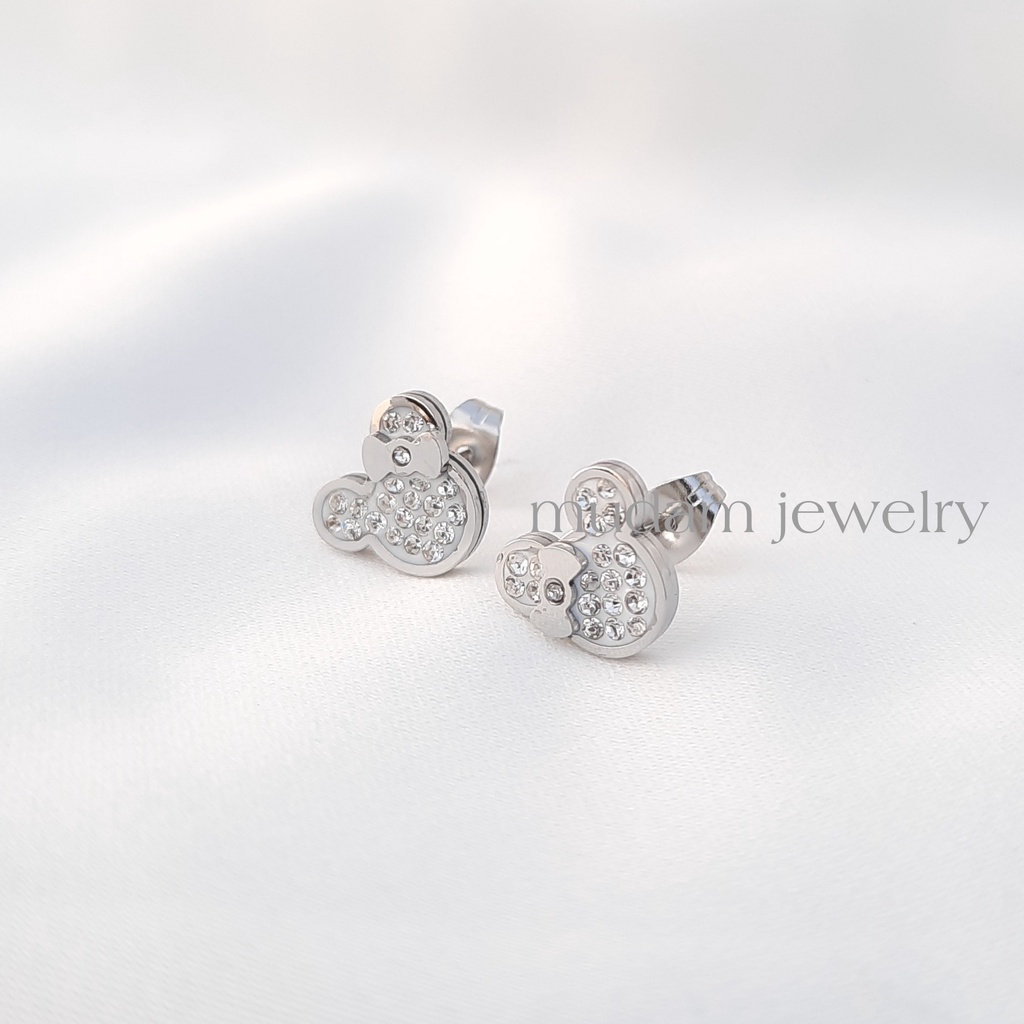 Anting Tusuk Ukuran 1cm x 1cm Minnie Dengan Taburan Diamonds Artifisial Tersedia Warna Rose Gold dan Gold