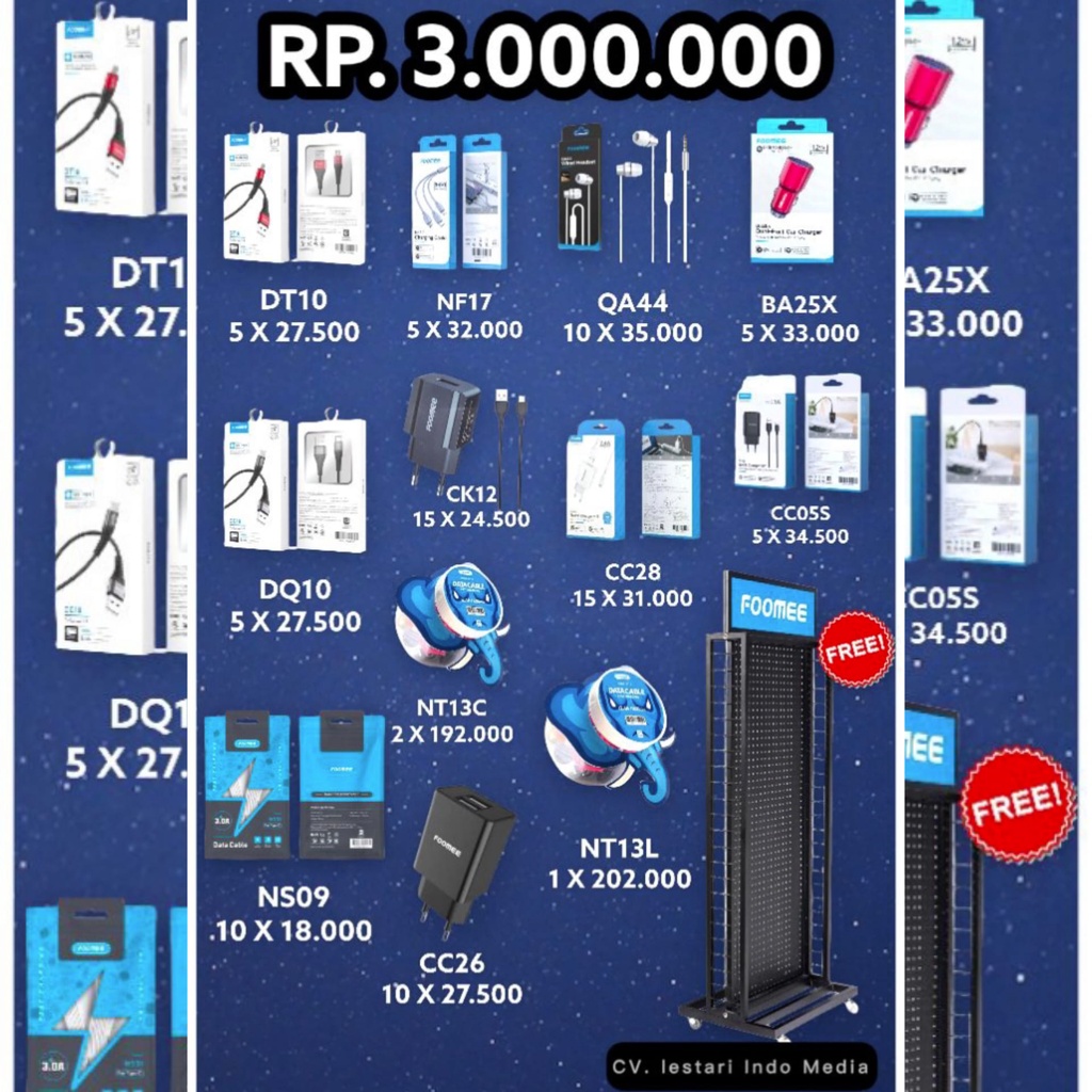 FOOMEE Promo Paket Reseller Gratis Rak Display Dorong Roda - DT10 + NF17 + QA44 + BA25X + DQ10 + CK1
