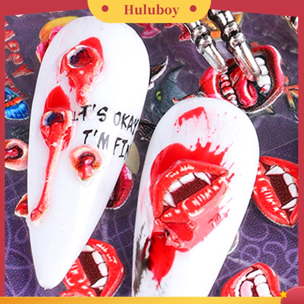 Huluboy Huluboy♡ Stiker Kuku Motif Ukir Luka Bibir Darah 5D Gaya Halloween Untuk Manicure Wanita