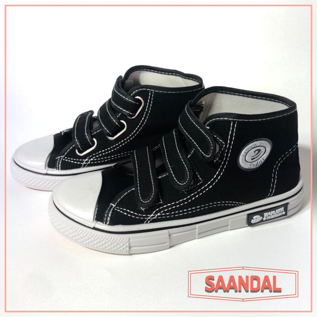 Sepatu Sekolah Sneakers Canvas Karet Dulux Hitam Putih Ukuran 32-35 (BISA SATUAN COD)