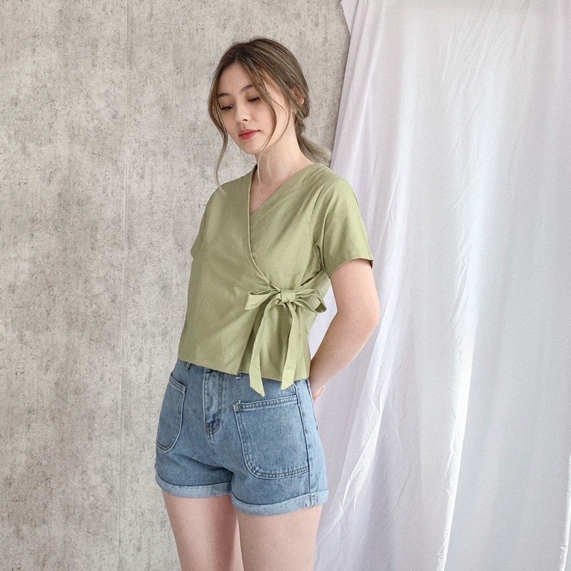 ARESTA TOP BAJU ATASAN BLOUSE WANITA LENGAN PENDEK BAHAN KATUN COTTON PITA RIBBON KIMONO POLOS FUCHSIA SHOCKING PINK KHAKI TOSCA PUMPKIN ORANGE GREYISH BLUE BLACK-4