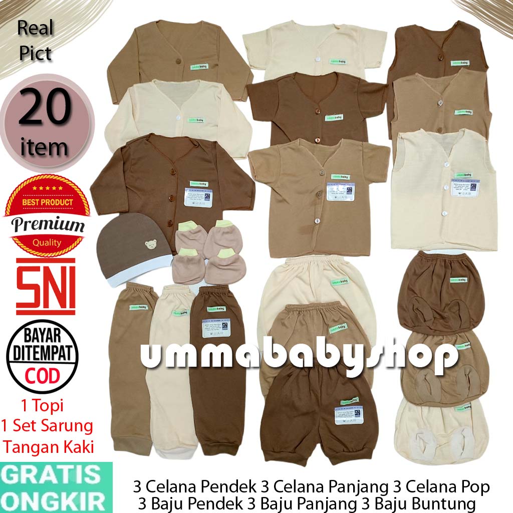 20 pcs Setelan Baju Bayi Laki Perempuan Paket Ekonomis Perlengkapan Baju Bayi Setelan Anak Celana Bayi Paket Lengkap Hemat Baby Newborn Gift Set Persiapan Lahiran SNI Polos Coklat Kado Murah Akikah Formal Harian