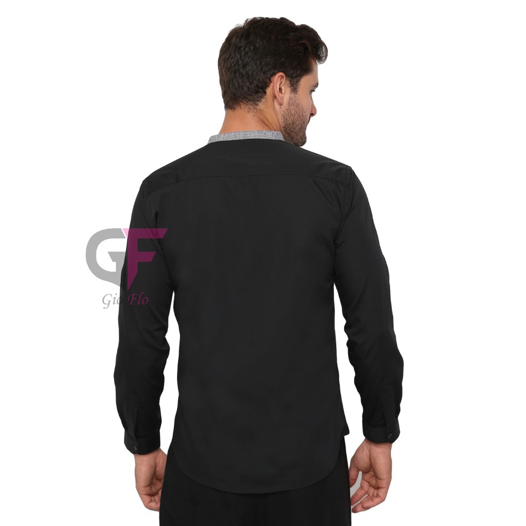 GIOFLO Baju Kemeja Koko Kerah Shanghai Panjang Slim Fit Modern Hitam / KMP 06