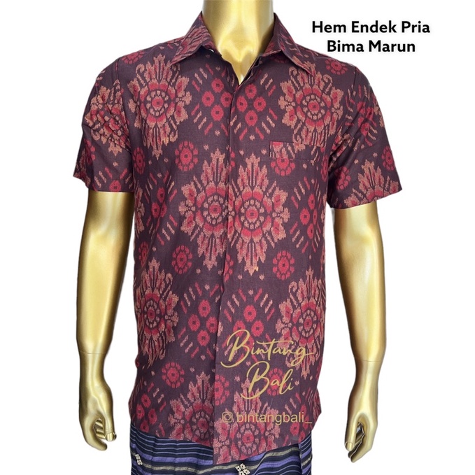Kemeja Endek Pria Lengan Pendek Motif Bima Marun M L XL XXL