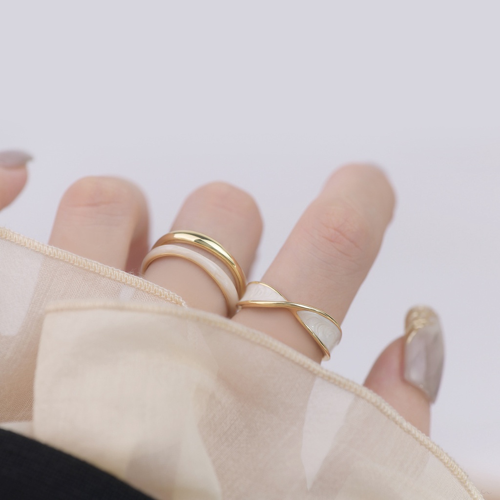 Set Cincin Enamel Model Terbuka Dapat Disesuaikan Bahan Logam Gaya Korea Untuk Wanita