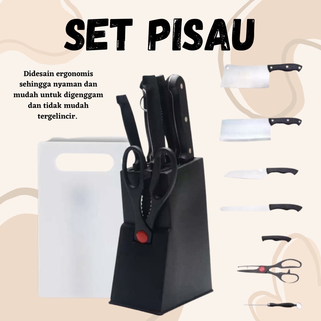 Pisau Set 7in1 Kayu Stainless Steel Dapur Daging Buah Sayur Multifungsi Tanpa Talenan