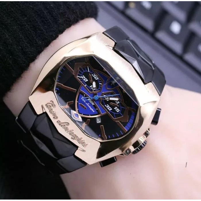 Jam Tangan Pria Lamborghini model terbaru GOLD BIRU Simple Murah Anti Air Waterproof Berkualitas Ori