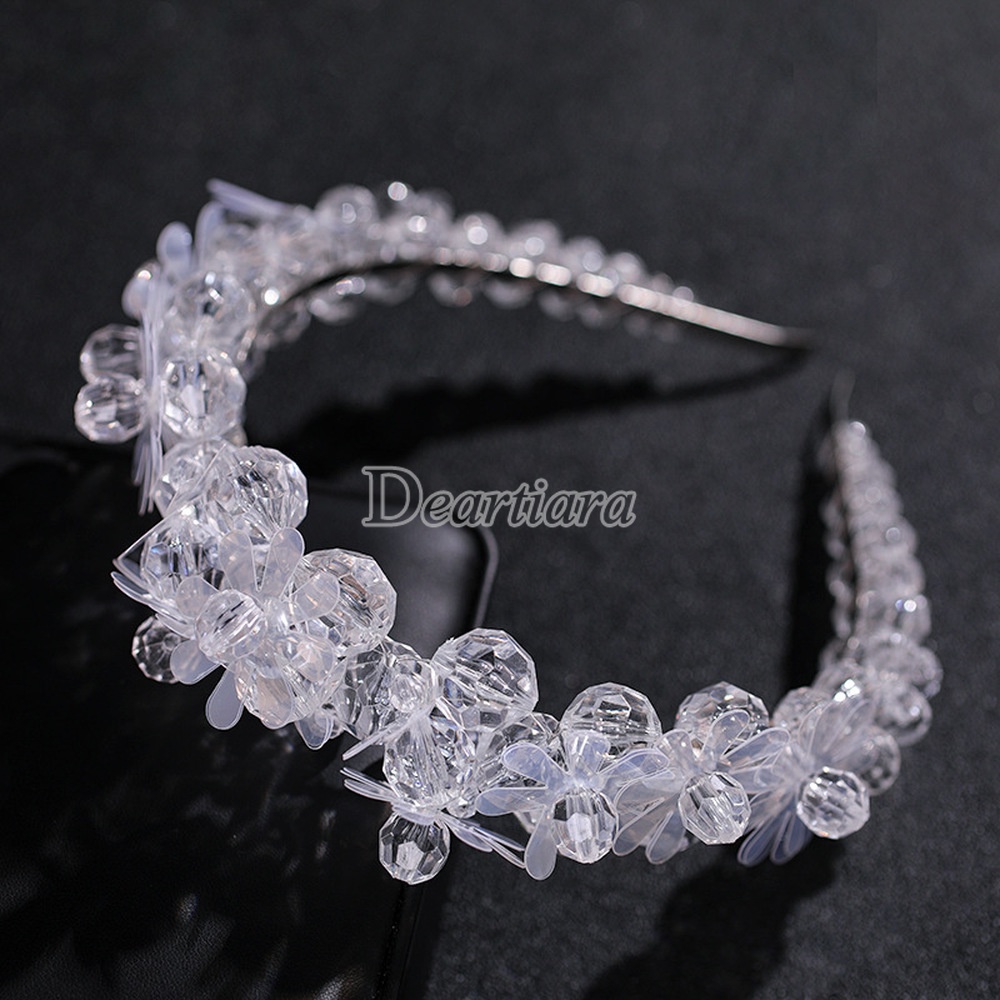 Headband Bentuk Bunga Aksen Mutiara Kristal Transparan Untuk Wanita