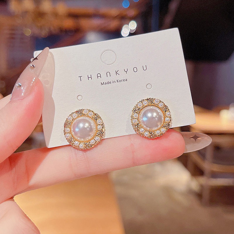 Anting Stud S925 Silver Needle Bentuk Bulat Aksen Mutiara Untuk Wanita
