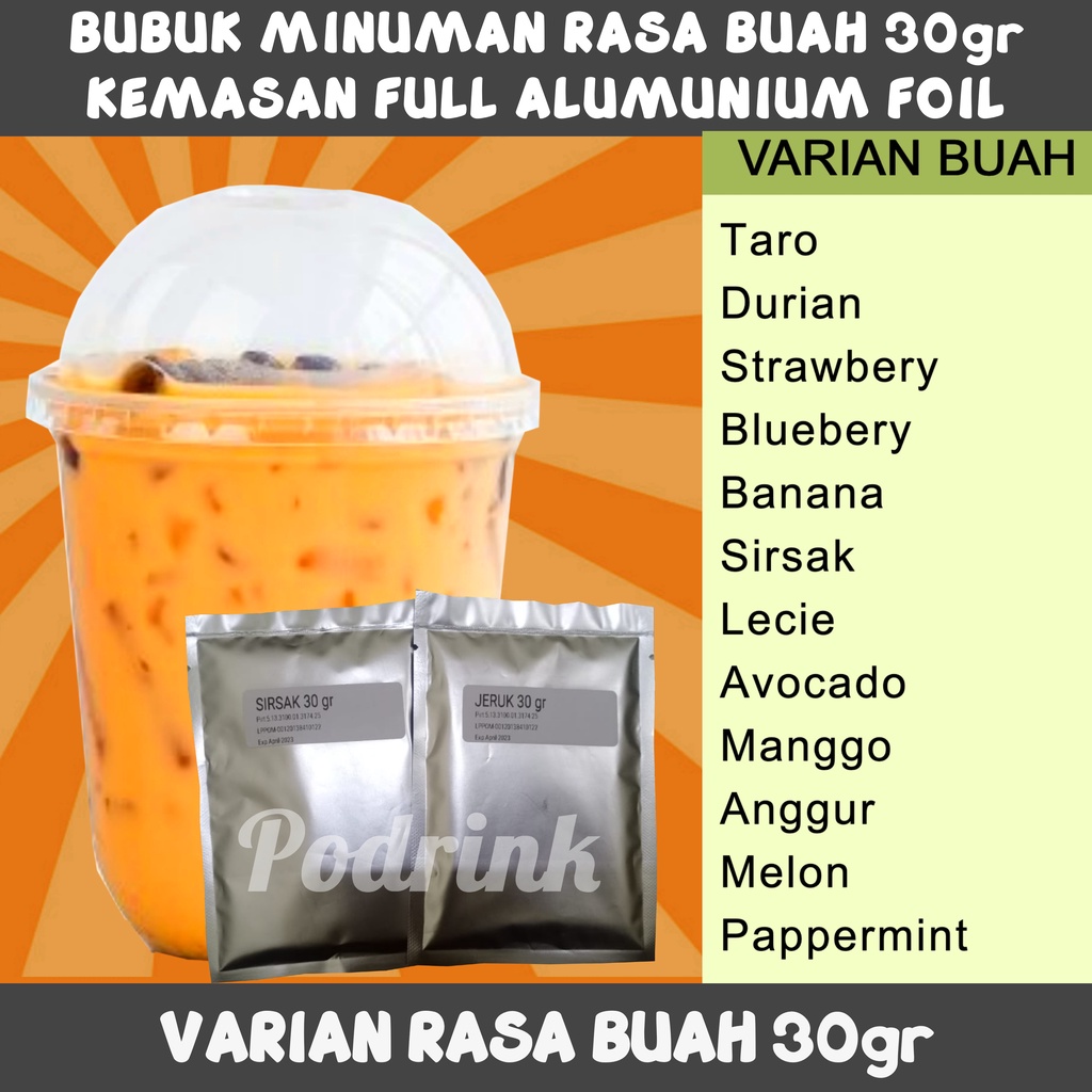 

Bubuk Minuman 30gr Murah Varian Buah Untuk Boba, Esblend, Jellydrink dsb (mix gula)