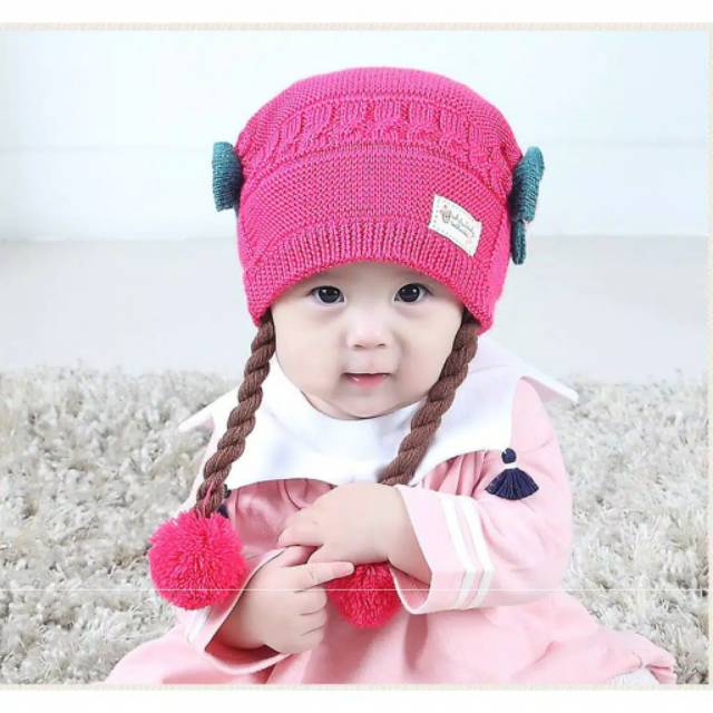 LKm027 TOPI RAJUT KEPANG DUA POMPOM / KUPLUK BAYI KEPANG-6