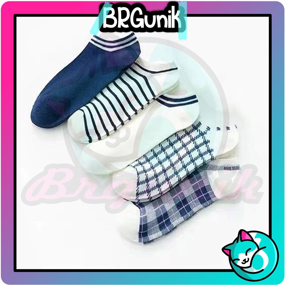 BRGUNIK Kaos Kaki Wanita Motif Kotak Biru Navy Fashion Korea Women Sock Import Murah KK003