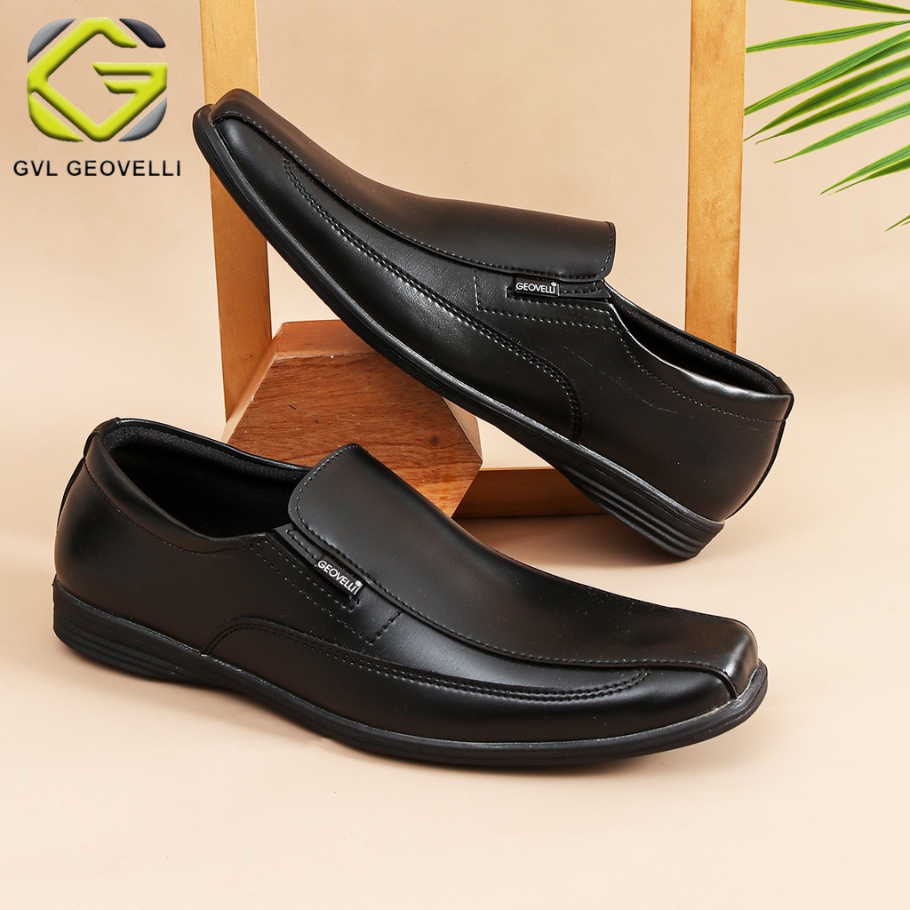 GEOVELLI FULL BLACK | Sepatu Pantopel Hitam Pria Formal Kasual Kerja Kantor Tanpa Tali Murah