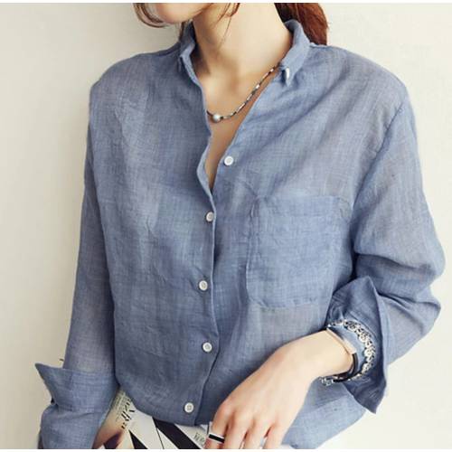 Kemeja Wanita VINTAGE Atasan Wanita Hem Cewek Kasual Polos Warna Biru-BIRU