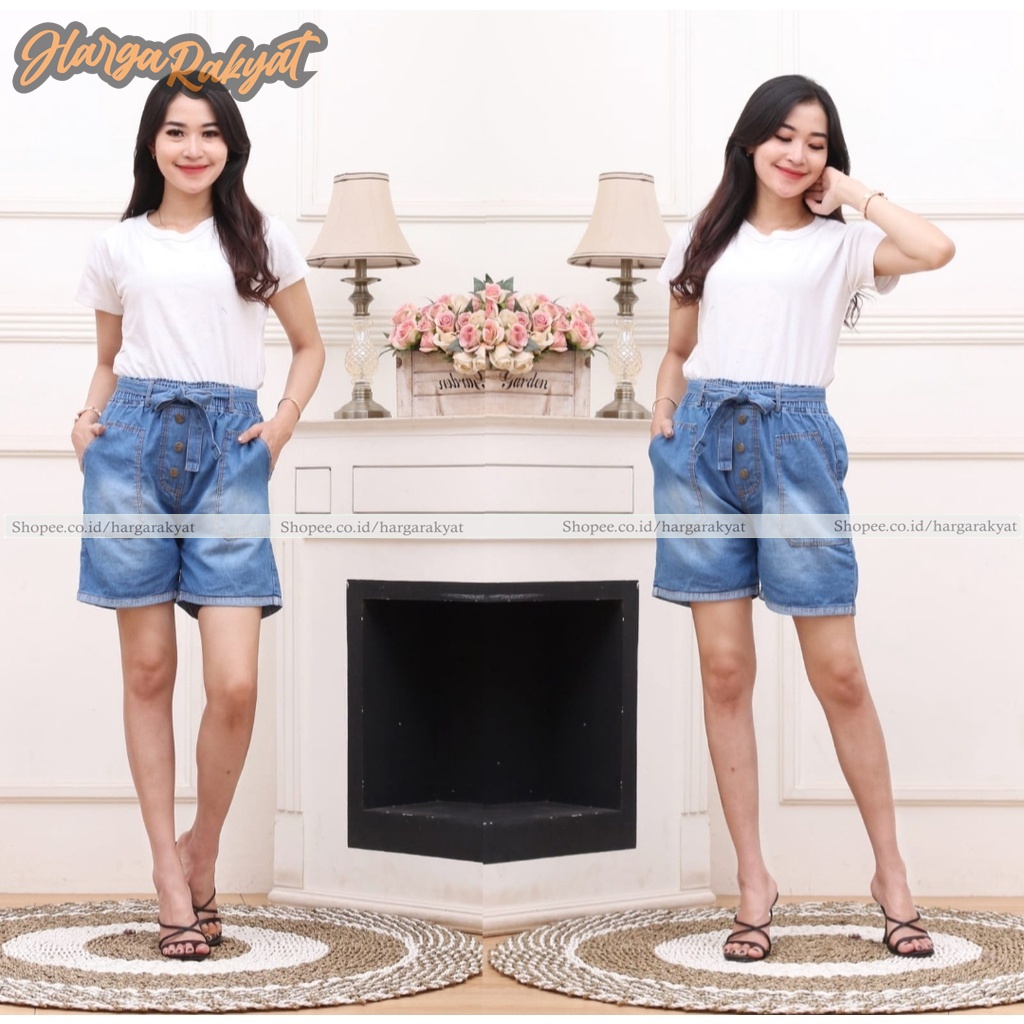 VITA HOTPANTS JEANS KANCING TALI PITA - Celana Hotpants Wanita