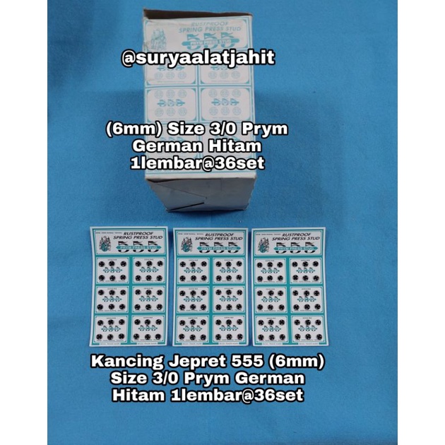 Kancing jepret 555 (6mm) Size 3/0 Prym Hitam 1lbr@36set rp.9.000/lbr