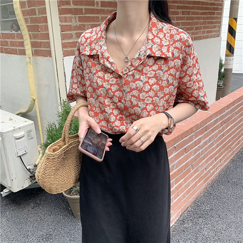 #Sisjuly# Floral Chiffon Shirt Wanita Retro Hong Kong Gaya Musim Panas Baru Mawar Vintage Hong Kong Rasa Dicet