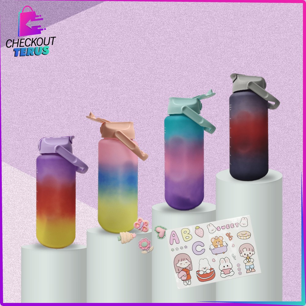 CT C581 Botol Minum Tumbler 2Liter Gradasi Viral BPA Free Botol Air Minum Pelangi Penanda Waktu Tambler Botol Minum Korea