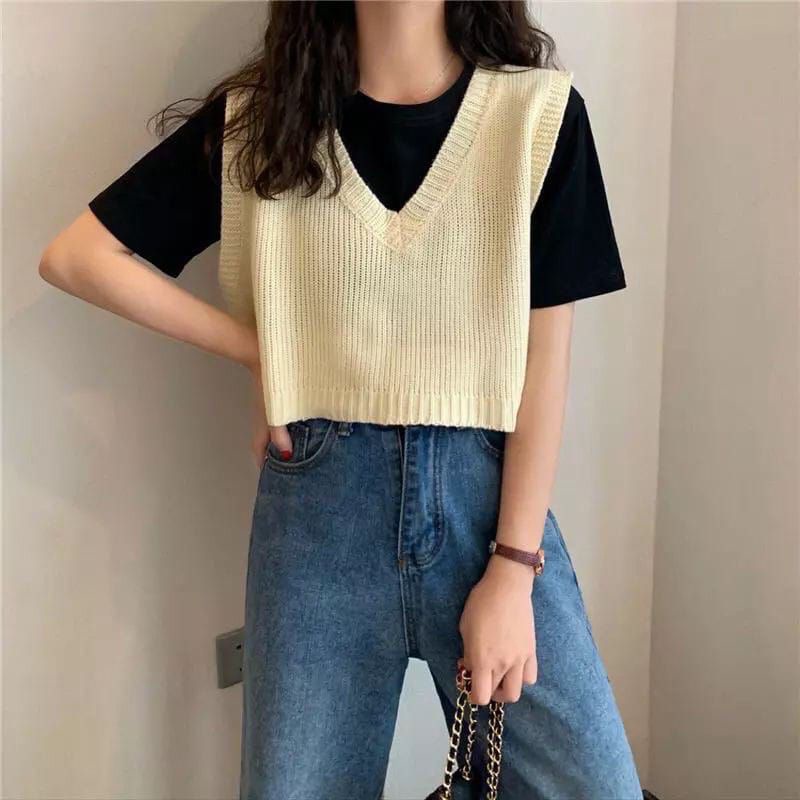 FX SHOP ROMPI CROP RAJUT / KNIT CROP VEST / VNECK CROP / FUCHIA VNECK