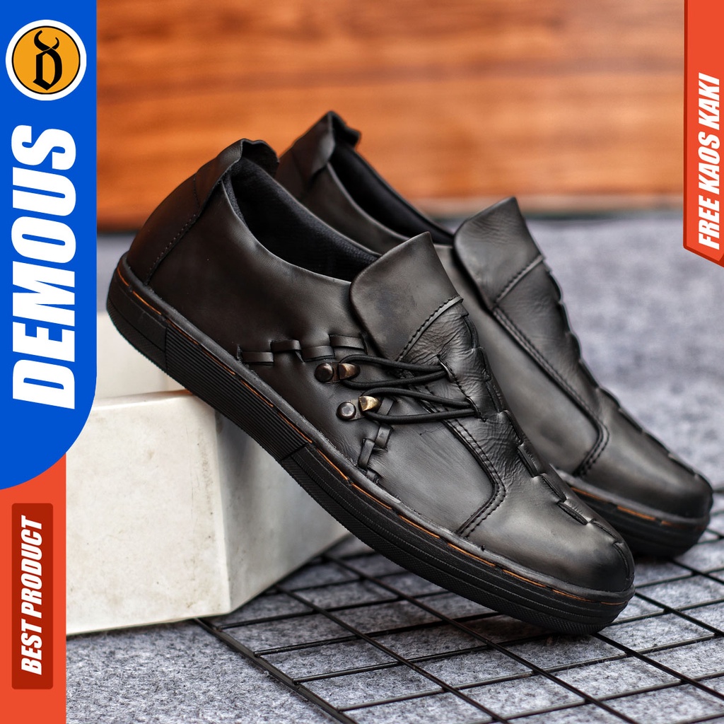 Sepatu Sneakers Pria Sepatu Casual Pria Kulit Asli Sepatu Kerja Kuliah Kondangan Sepatu Hitam Pria DEMOUS JACK