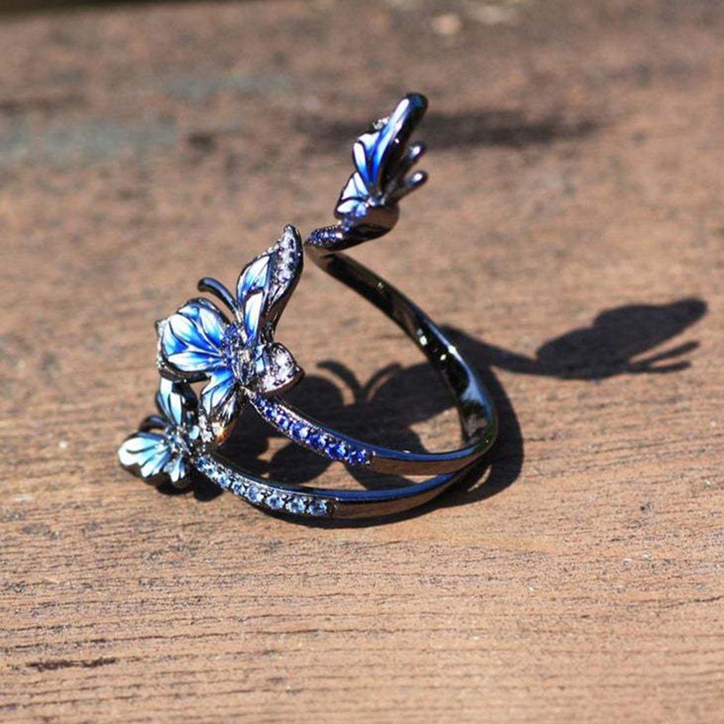 Hu Hu Hu Hu Hu Alat Bantu Pasang Kacamata♡ Cincin Model Terbuka Desain Tiga Kupu-Kupu Biru Dapat Disesuaikan Untuk Pesta