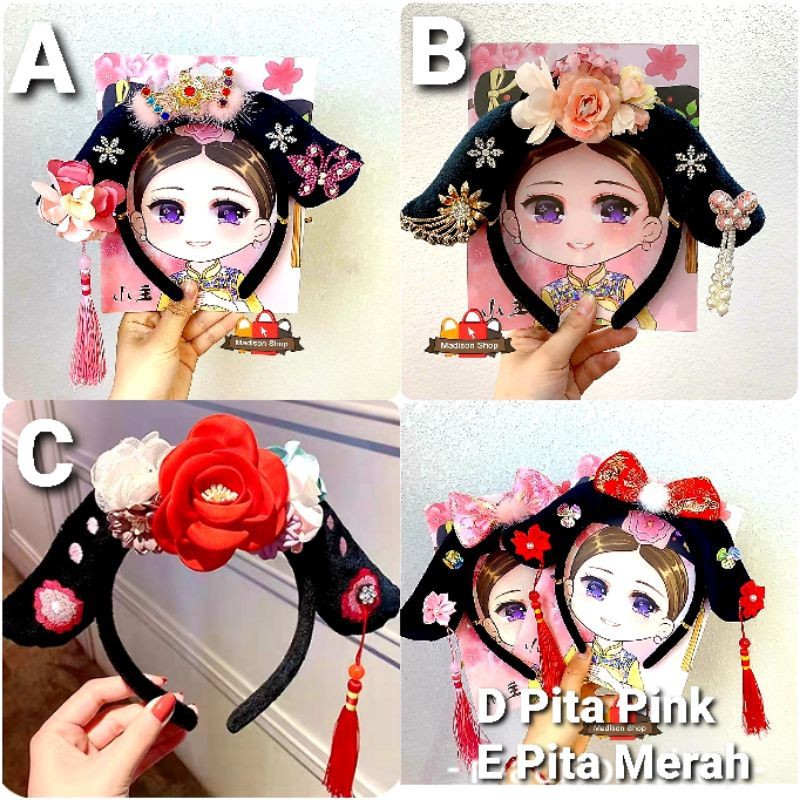 Bando Keke Premium Imlek Aksesories Rambut Bando Putri Huanzhu Bando Konde Bunga Pita Merah