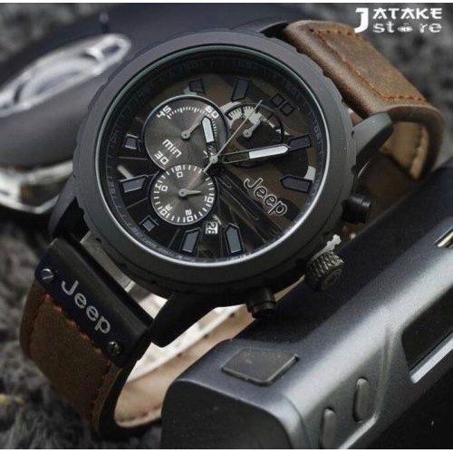 JAM TANGAN JEEP 9018 CRONO AKTIF TALI COKLAT RING HITAM