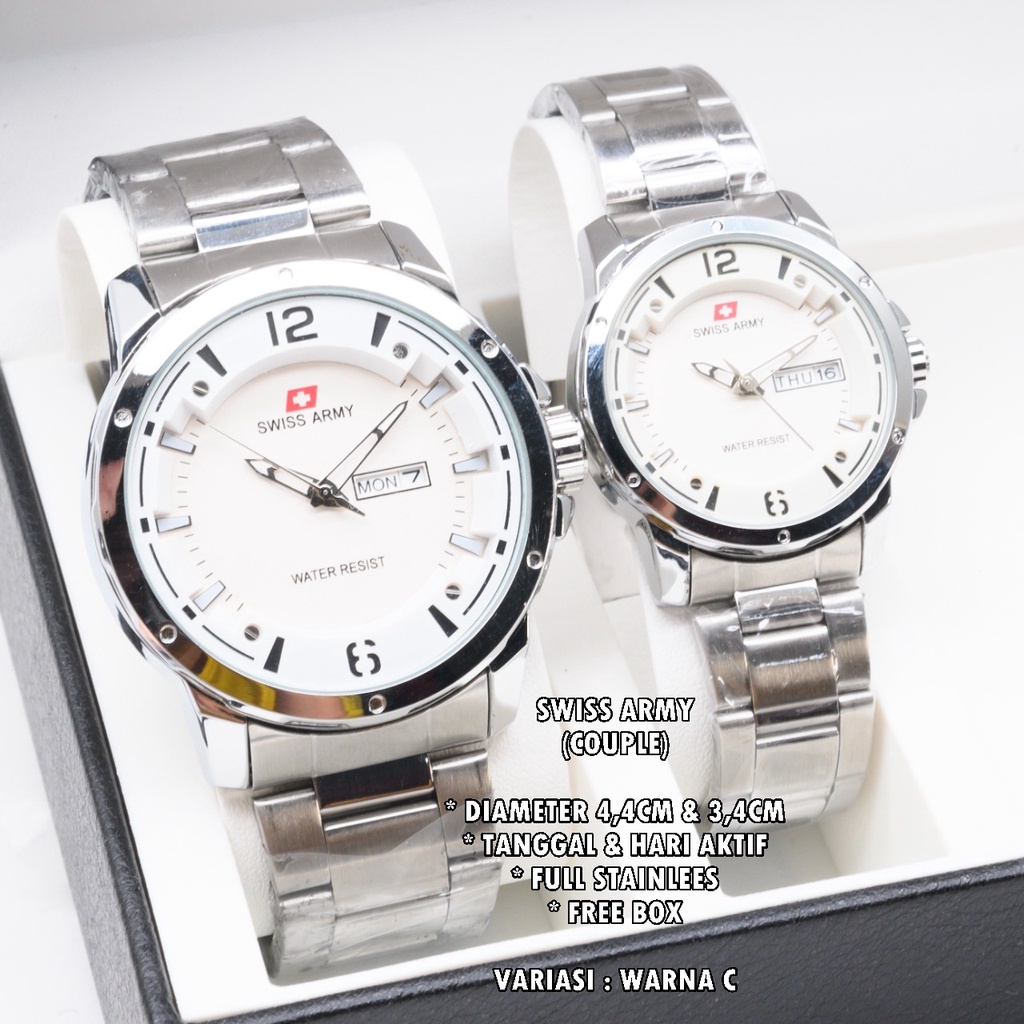 JAM TANGAN COUPLE FASHION RANTAI BODY BULAT TANGGAL &amp; HARI AKTIF